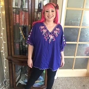 Blue embroidered Mexican pink flowers 4x